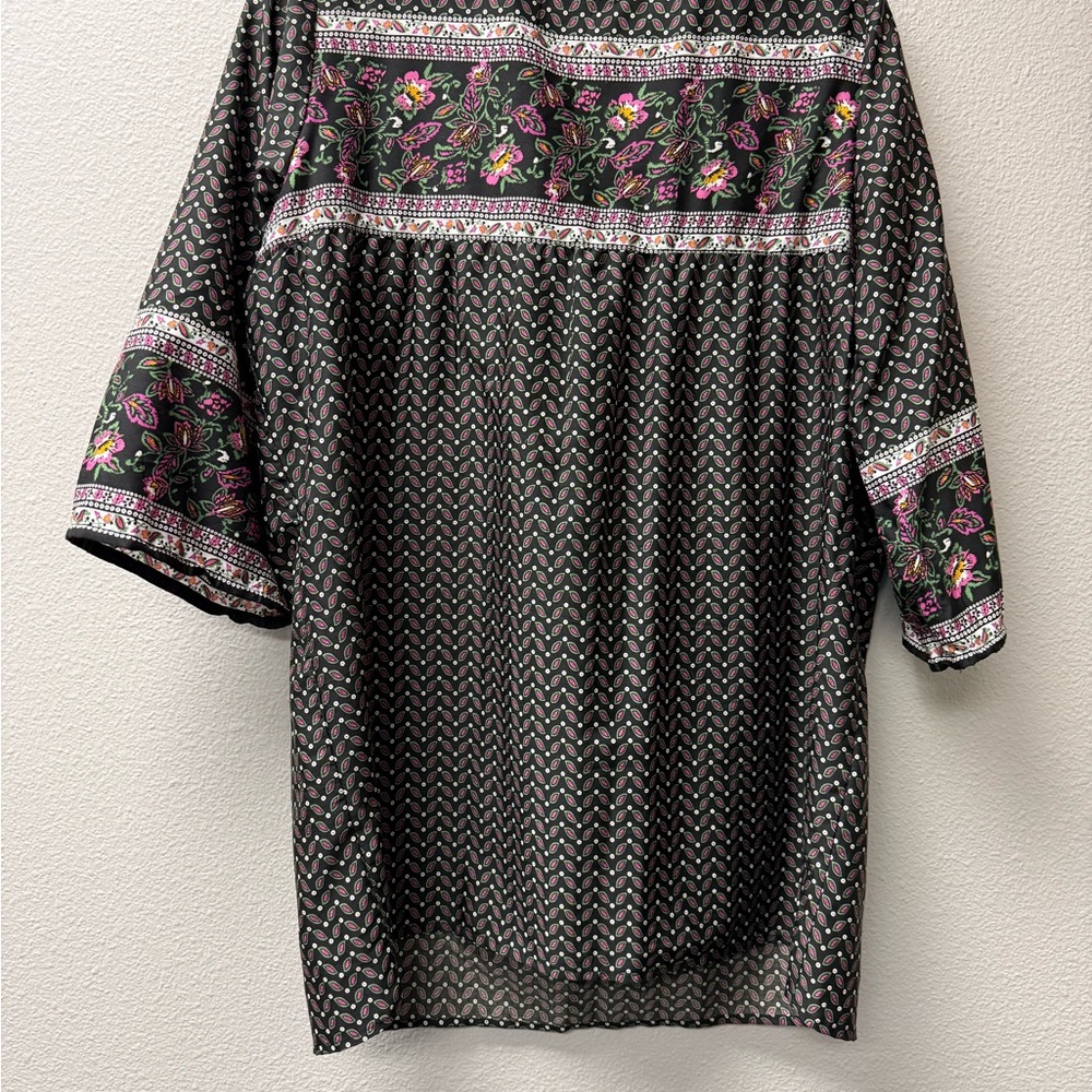 Hannah Boho Floral Paisley Blouse L Black Pink 3/4 Sleeve Top - Picture 6 of 9